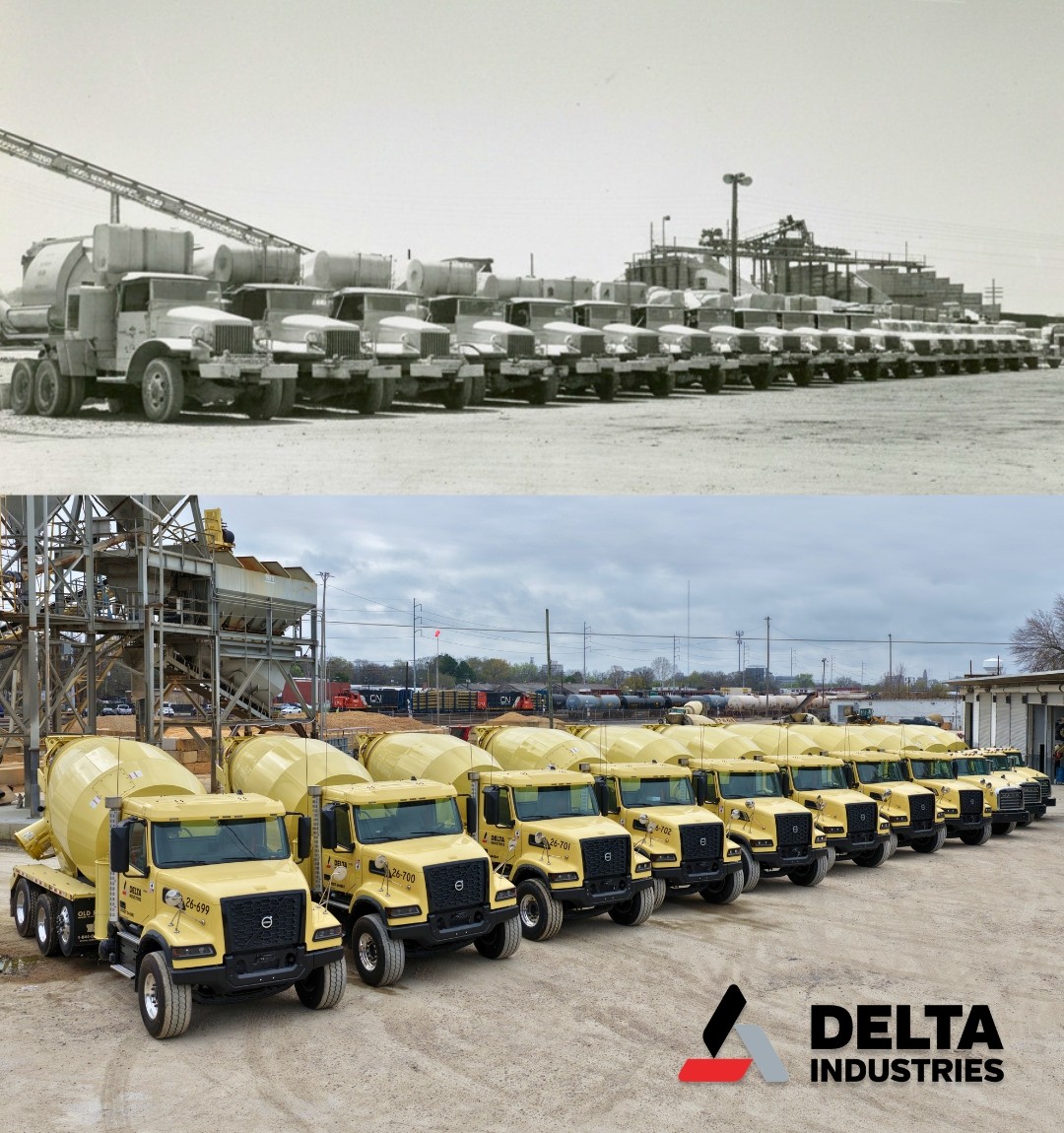 A row of yellow Delta Industries ready mixed concrete trucks