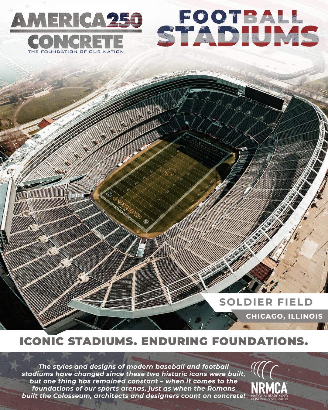 America250 graphic: Football Stadiums &mdash; an aerial view of Soldier Field, Chicago, Illinois, its reinforced concrete bowl and concourses seen from above
