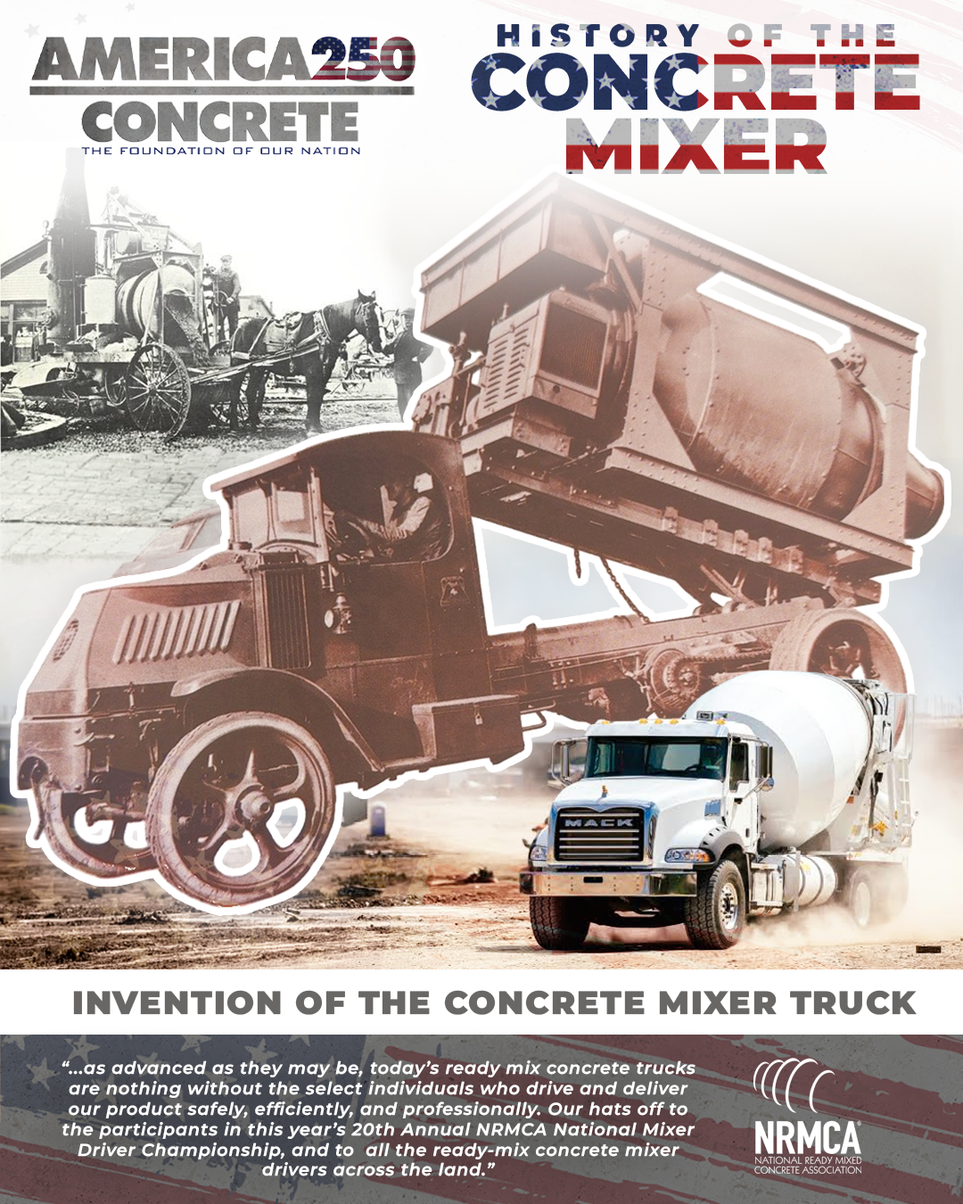 America250 graphic: a horse-drawn concrete mixer, an early motorized mixer truck with its drum raised, and a modern Mack ready-mix truck
