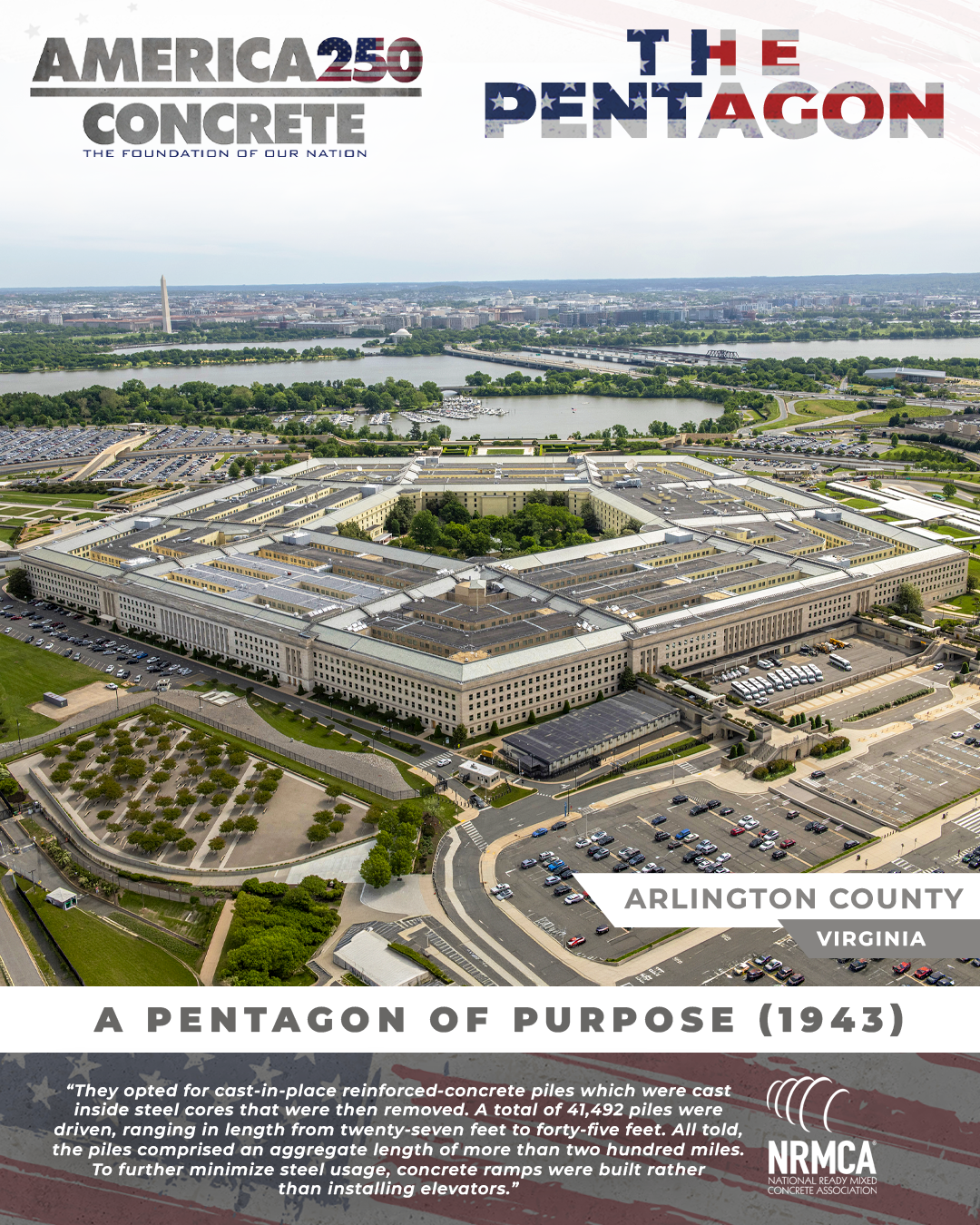 America250 graphic: aerial view of the Pentagon in Arlington County, Virginia, with the Potomac River and Washington, D.C. beyond, and the strapline &ldquo;A Pentagon of Purpose (1943)&rdquo;