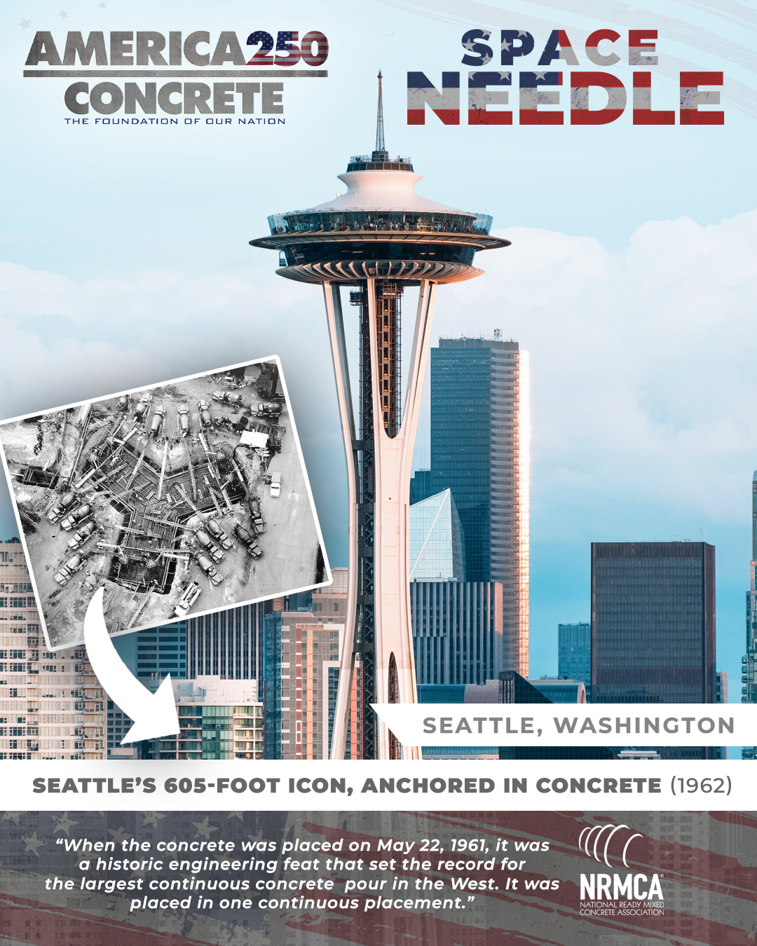 The Space Needle rising above the Seattle skyline, Seattle, Washington, with an inset 1961 photograph of ready mix trucks ringed around the foundation pit during the record continuous concrete pour